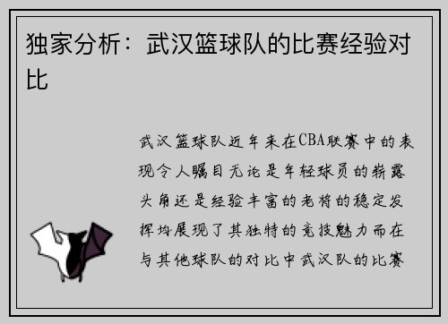 独家分析：武汉篮球队的比赛经验对比
