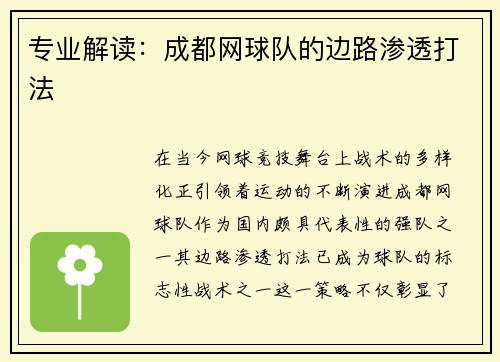 专业解读：成都网球队的边路渗透打法