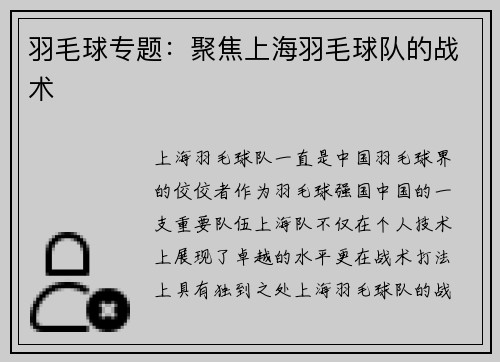 羽毛球专题：聚焦上海羽毛球队的战术