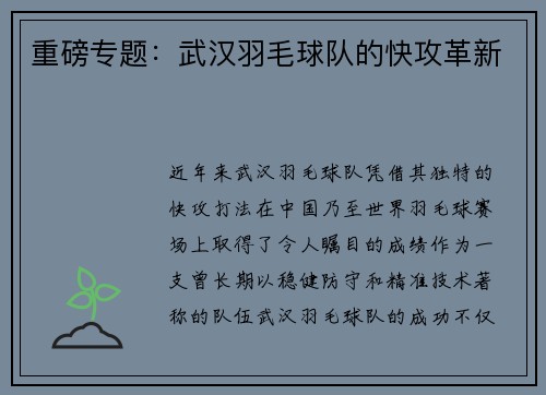 重磅专题：武汉羽毛球队的快攻革新