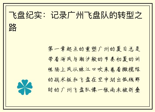 飞盘纪实：记录广州飞盘队的转型之路